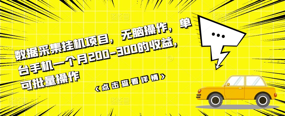 数据采集挂机项目，无脑操作，单台手机一个月200-300的收益，可批量操作-副业宇宙