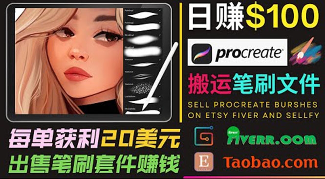 搬运出售Procreate笔刷文件赚钱，每单20美元，轻松日赚100美元-副业宇宙