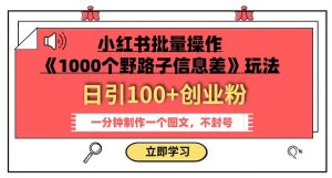 小红书批量操作《1000个野路子信息差》玩法,一分钟制作一个图文,不封号,日引100+创业粉-副业宇宙