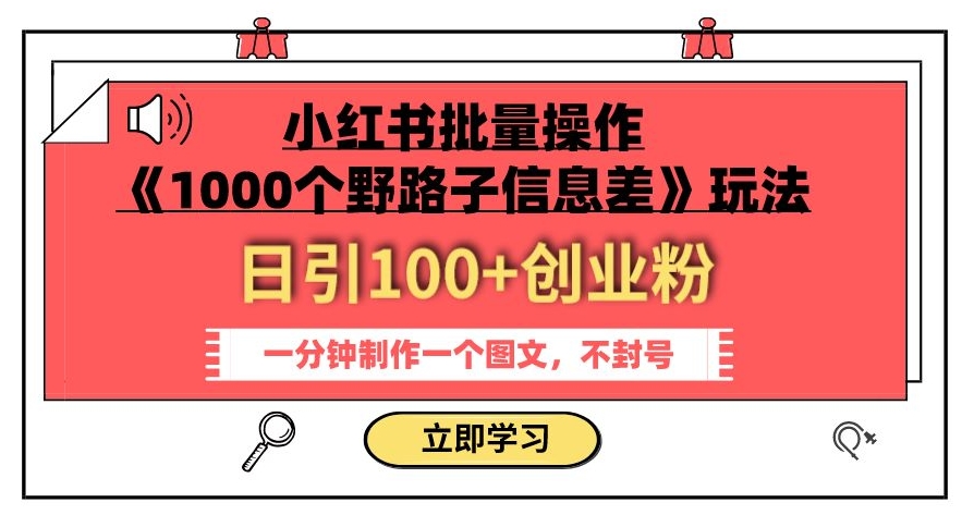 小红书批量操作《1000个野路子信息差》玩法，一分钟制作一个图文，不封号，日引100+创业粉-副业宇宙