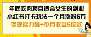 年底吃肉项目适合女生的副业小红书打卡玩法一个月涨粉6万+变现能力强+单月收益5位数【揭秘】-副业宇宙