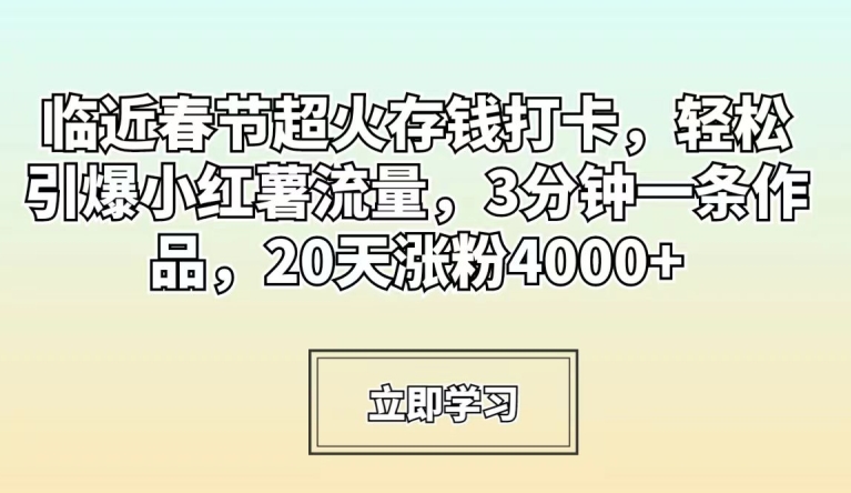 临近春节超火存钱打卡，轻松引爆小红薯流量，3分钟一条作品，20天涨粉4000+【揭秘】-副业宇宙