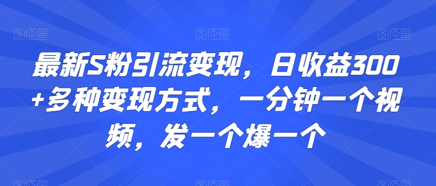 最新S粉引流变现，日收益300+多种变现方式，一分钟一个视频，发一个爆一个【揭秘】-副业宇宙