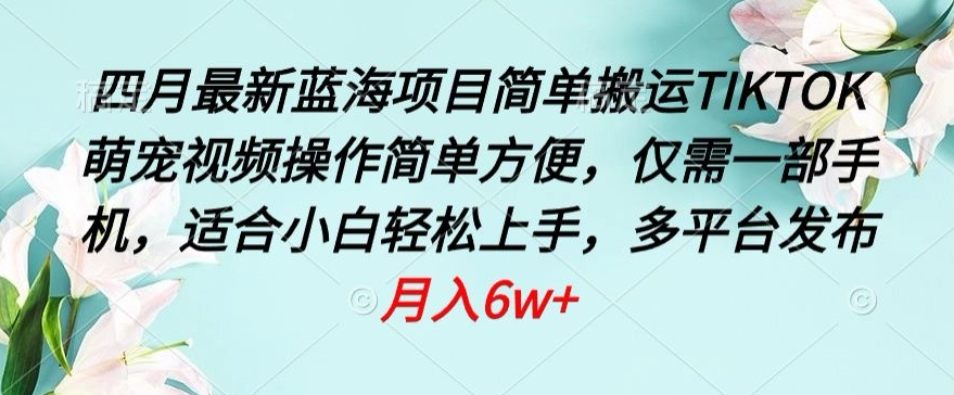 四月最新蓝海项目，简单搬运TIKTOK萌宠视频，操作简单方便，仅需一部手机【揭秘】-副业宇宙
