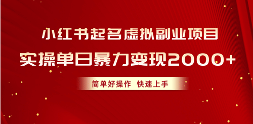 小红书起名虚拟副业项目，实操单日暴力变现2000+，简单好操作，快速上手-副业宇宙