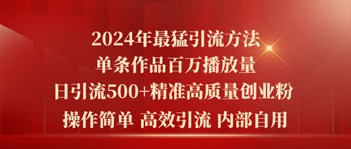 2024年最猛暴力引流方法，单条作品百万播放 单日引流500+高质量精准创业粉-副业宇宙